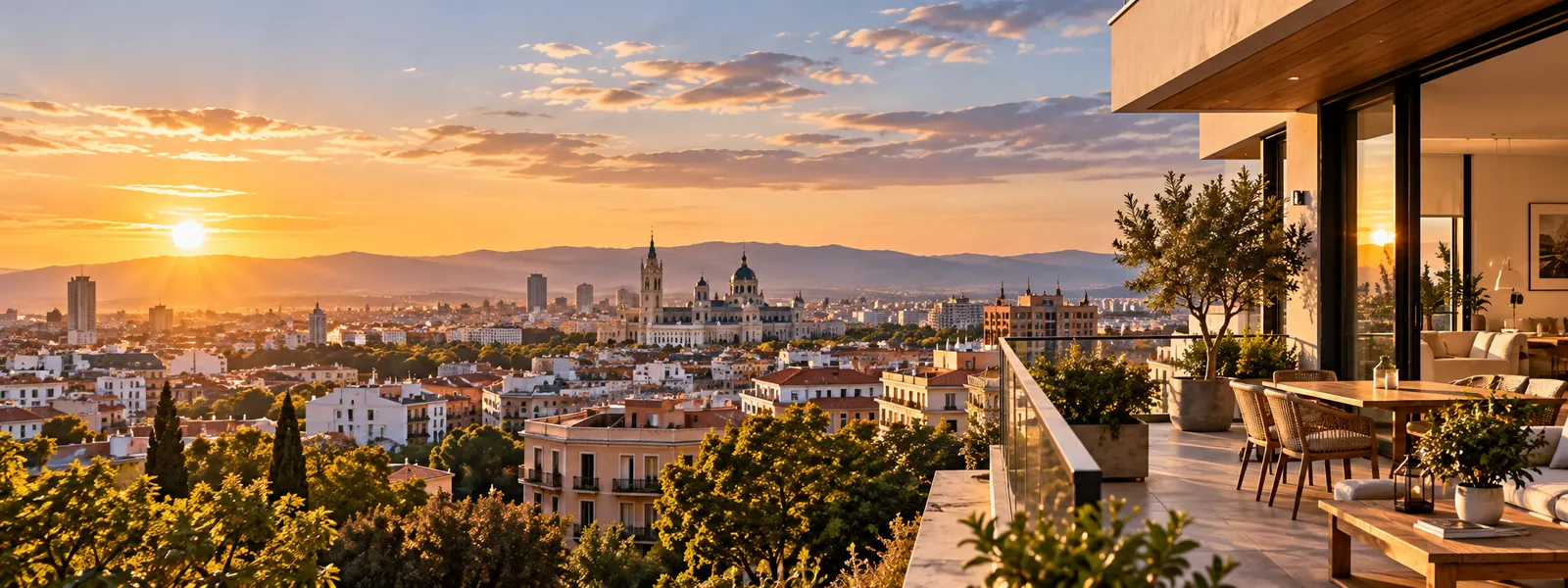 Vista de Madrid al atardecer con la catedral de la Almudena desde una terraza