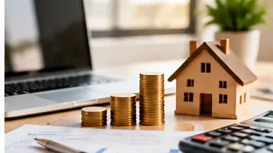Maqueta de casa, monedas apiladas, calculadora y portátil sobre una mesa