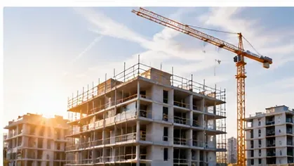 Edificio de viviendas en construcción con una grúa al atardecer