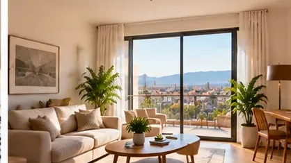 Salón luminoso de un piso con sofá y terraza con vistas a la ciudad